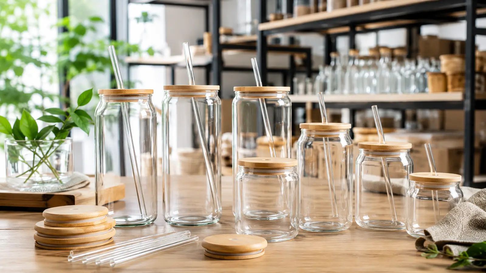 Glass tumbler with bamboo lid wholesale collection with reusable glass straws