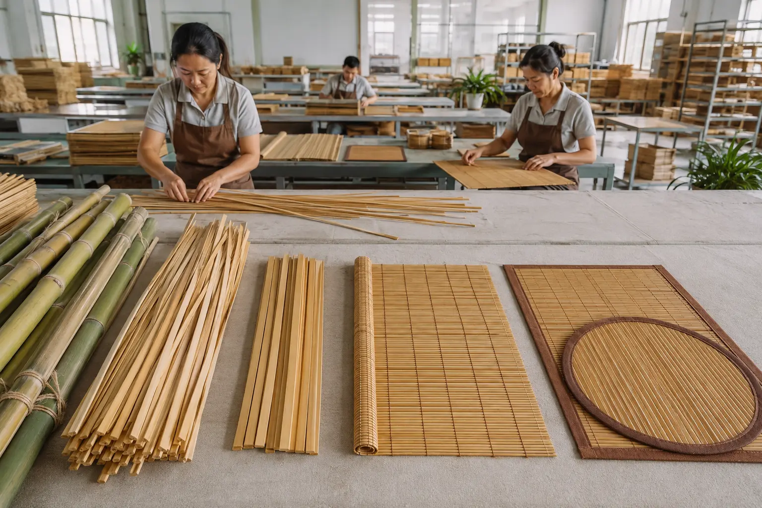 Bamboo strips and placemat components prepared during production