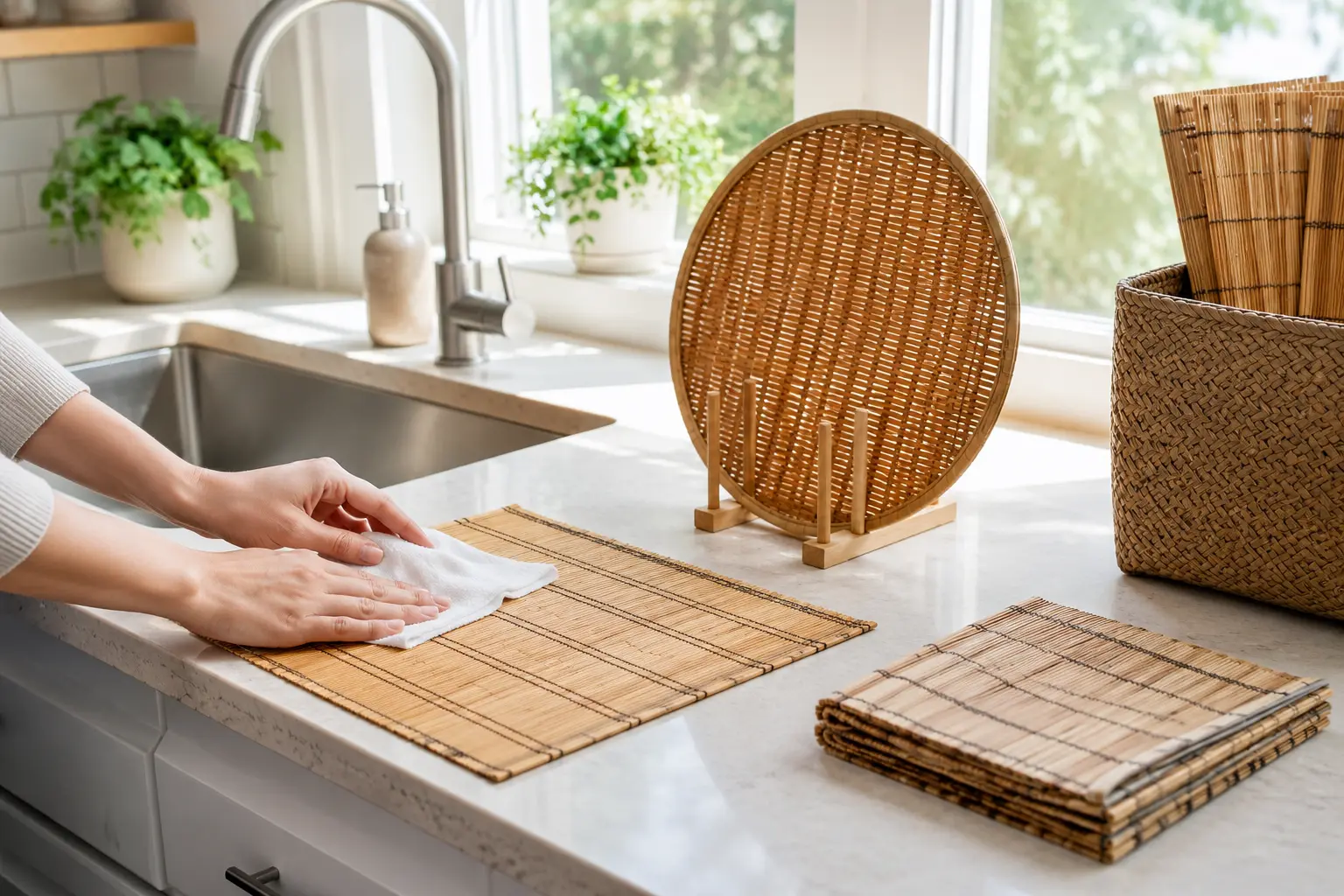 Cleaning and air-drying bamboo placemats in a bright kitchen