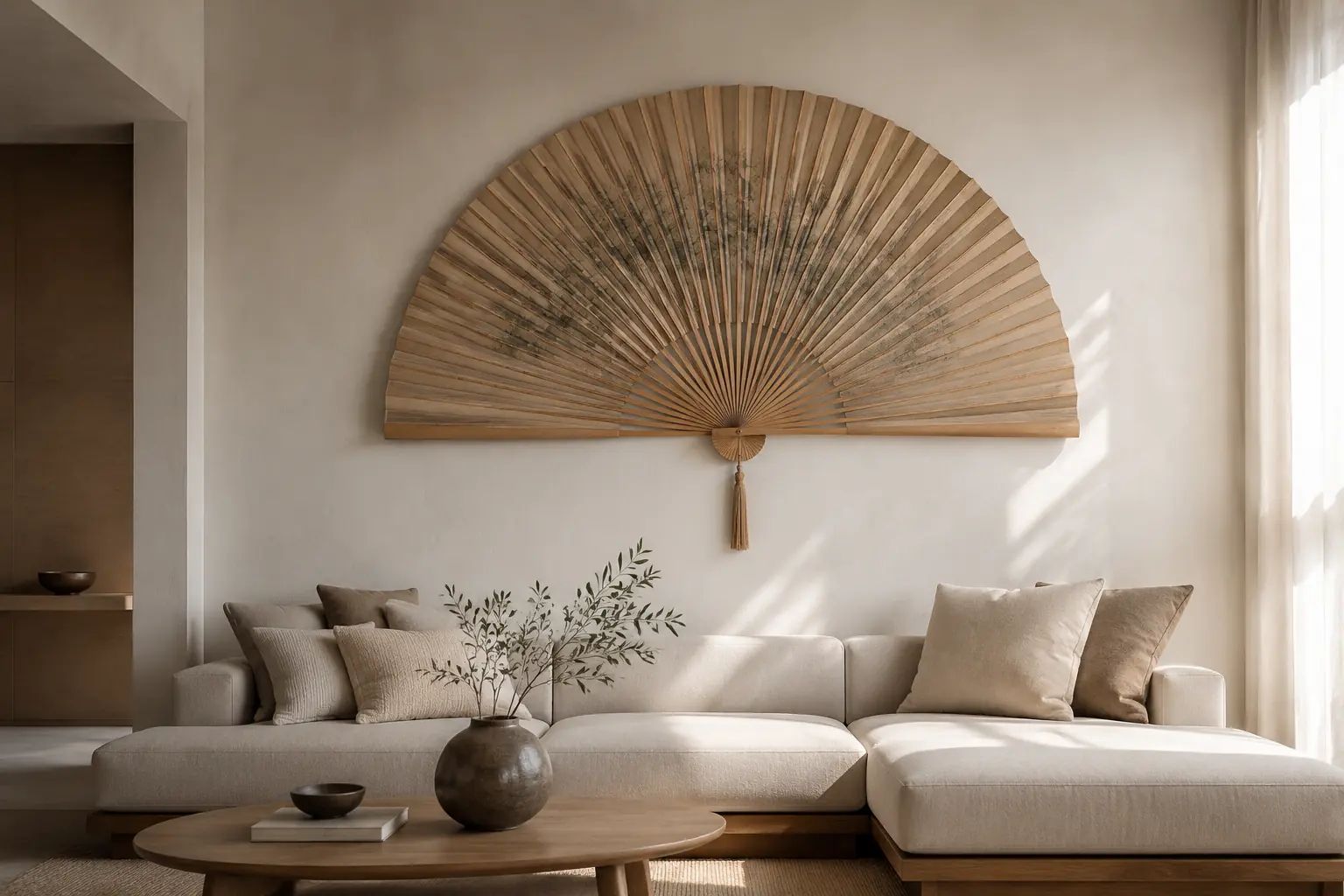 large bamboo fan wall decor living room