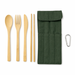 Portable cutlery set with spoon, fork, table knife, chopsticks, green pouch and metal clip