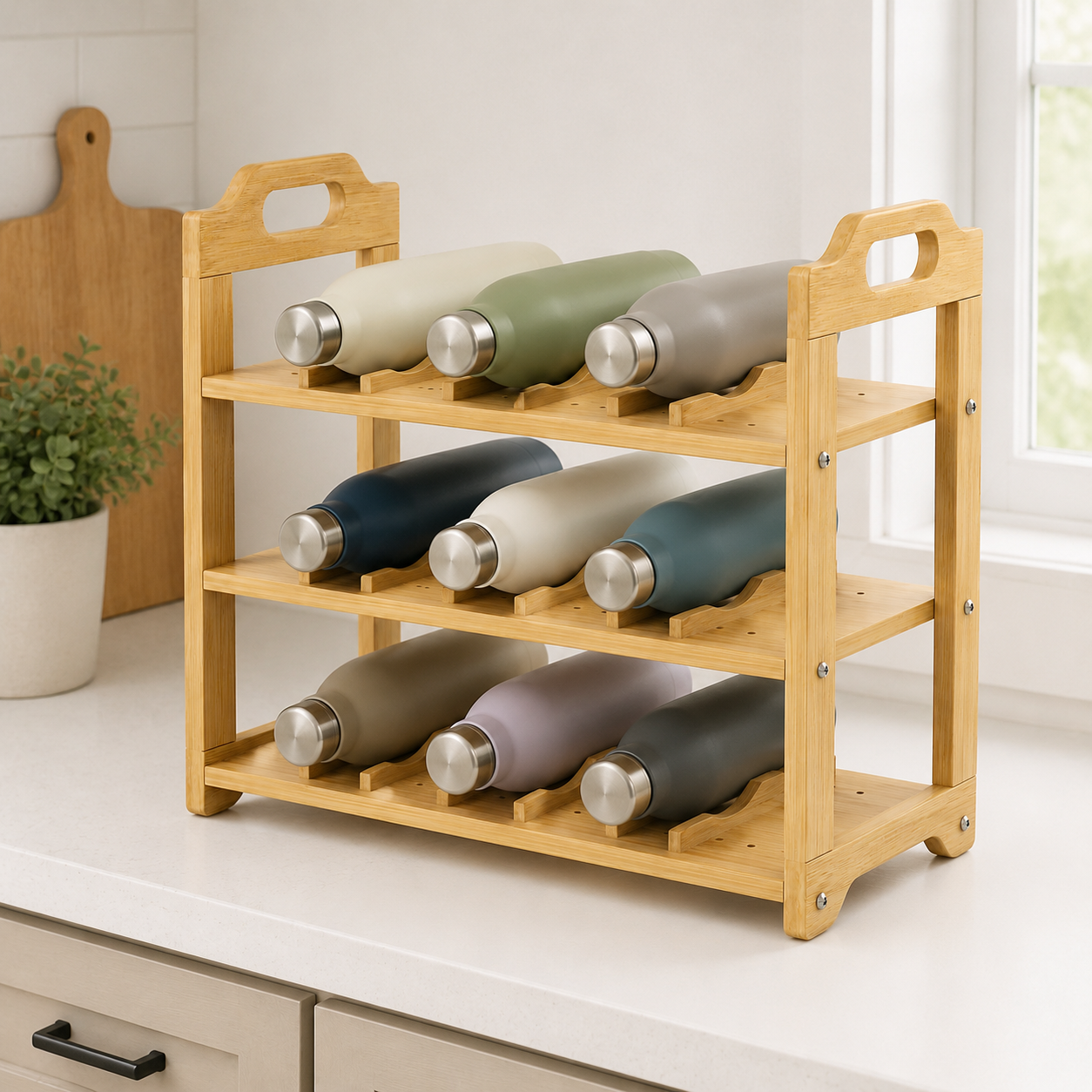 Three-tier bamboo water bottle rack holding unbranded reusable bottles horizontally on a kitchen counter