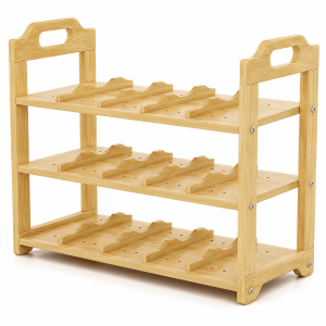 Three-tier bamboo water bottle rack with side handles and repositionable shelf dividers
