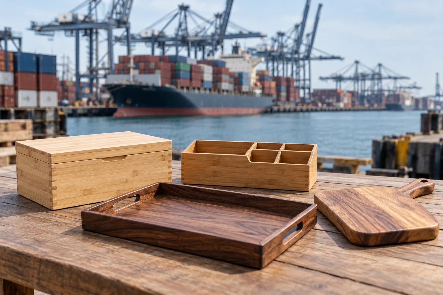 Bamboo storage boxes and wooden kitchenware at a shipping port, illustrating US-China trade