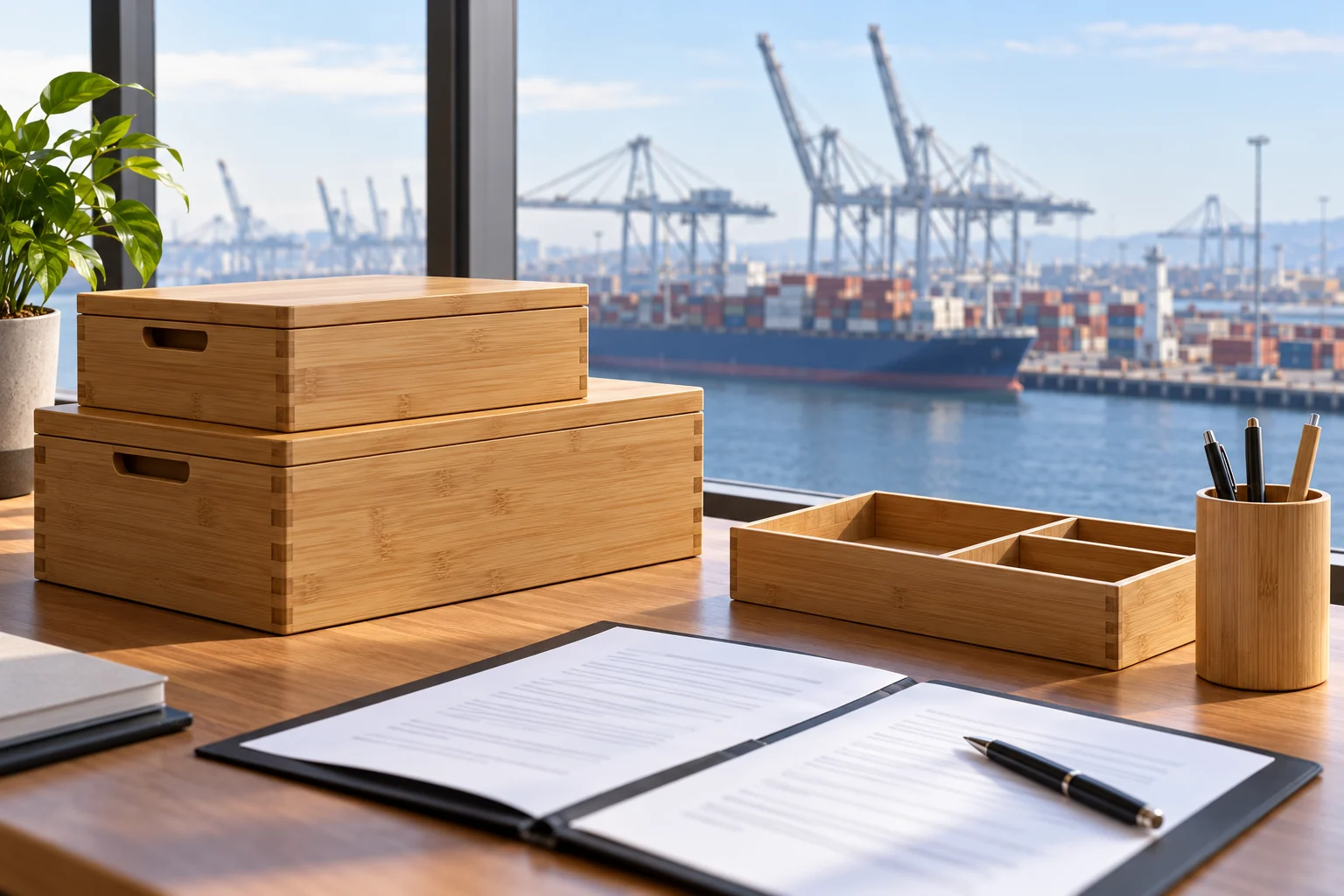 Bamboo storage boxes and import paperwork overlooking a container port