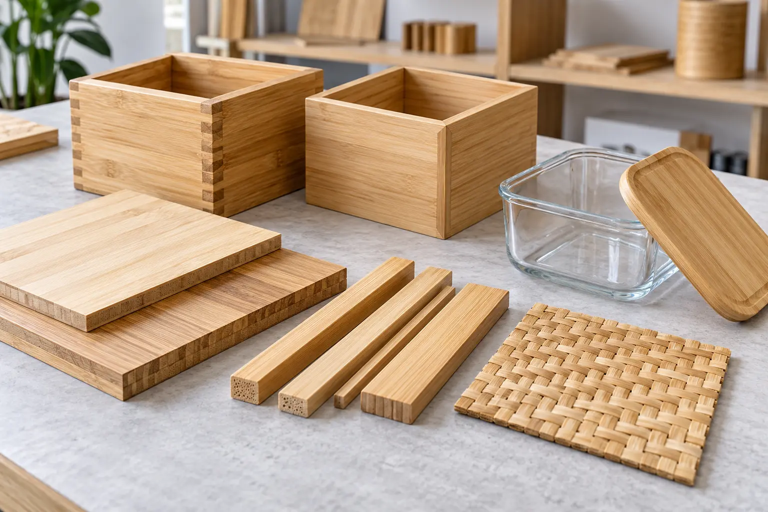 Bamboo box material and construction options including panels strips and glass containers with bamboo lids