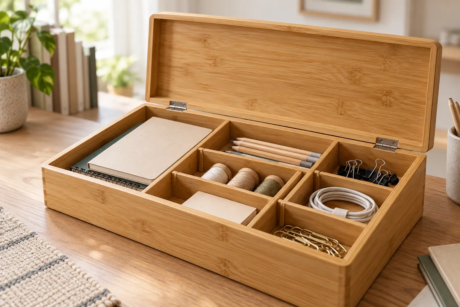 Bamboo box with hinged lid and removable organizer dividers