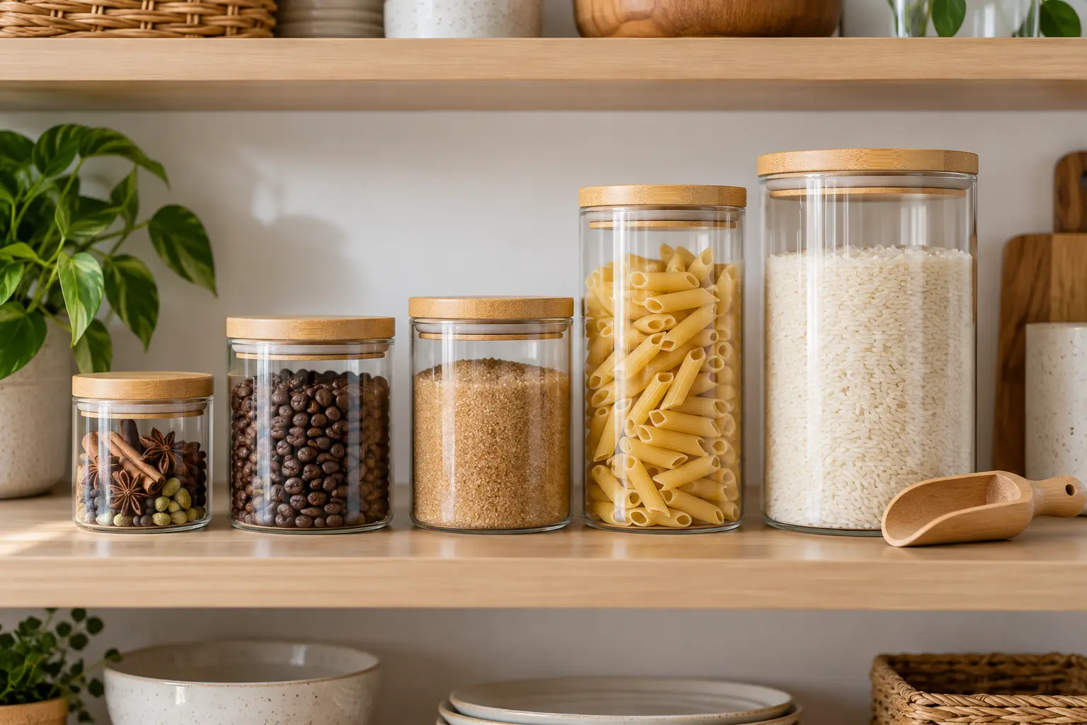 Bamboo canister set in several sizes for cereal, pasta, flour, rice, and seasonings