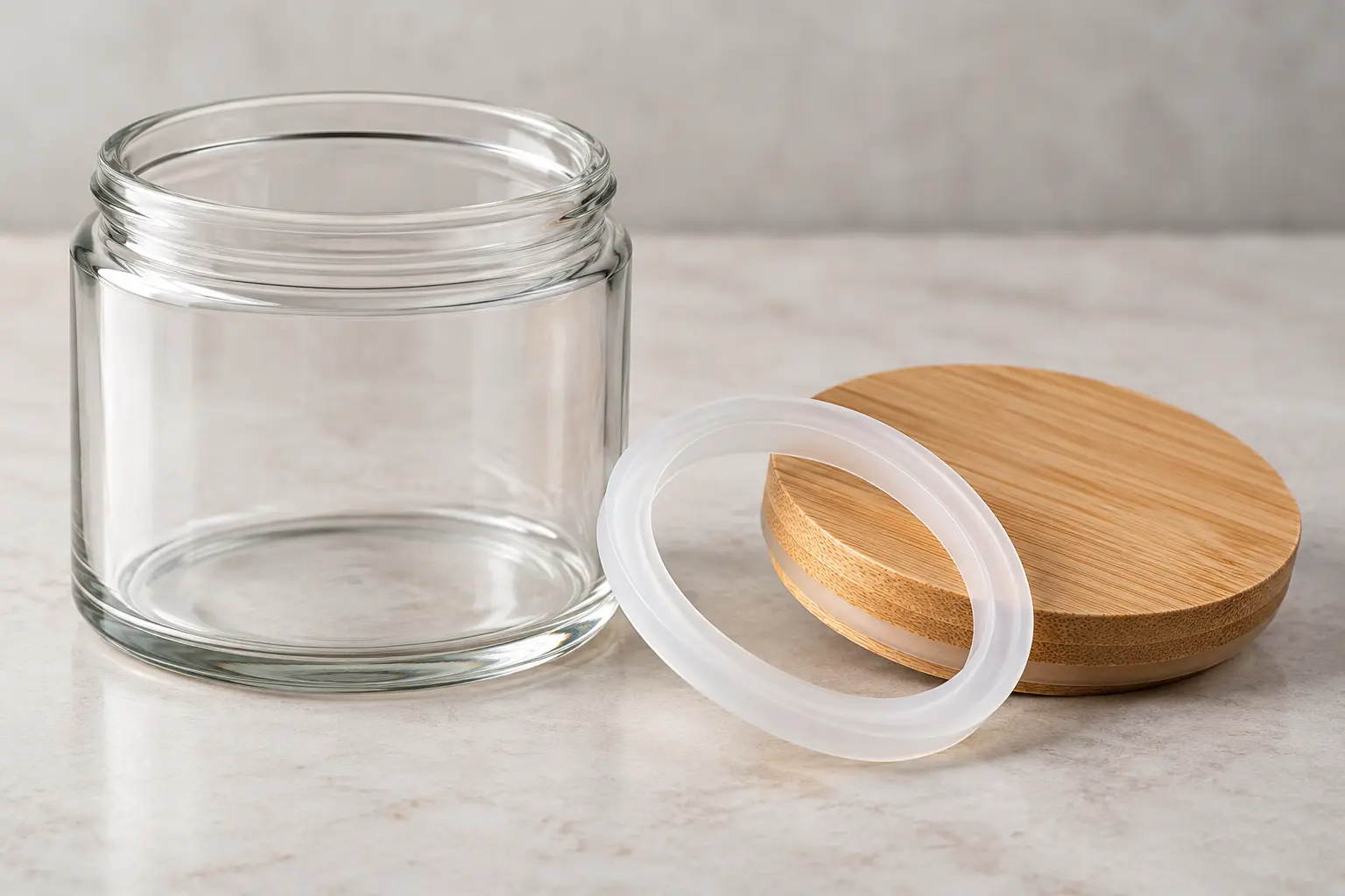 Close-up of a bamboo glass canister lid with a removable silicone sealing ring