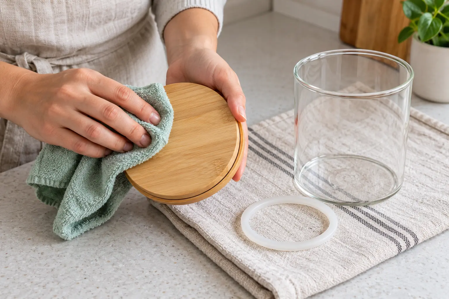 Hand cleaning a bamboo canister lid while the glass jar and silicone gasket dry separately