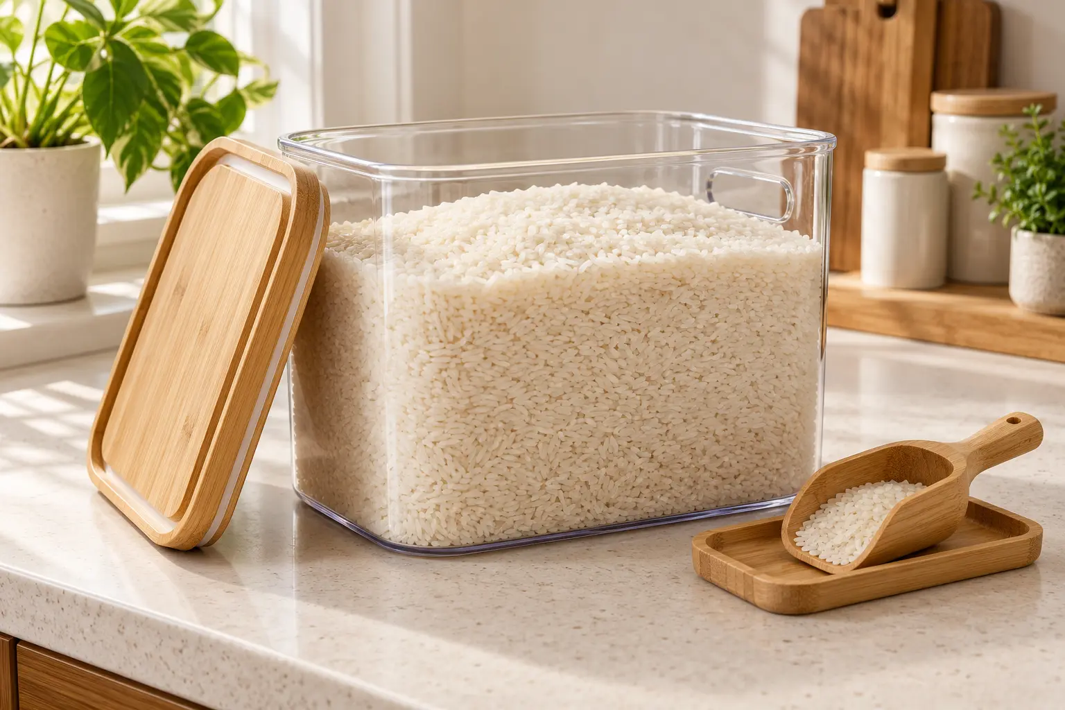 Large bamboo rice storage container with a dry scoop on a kitchen countertop