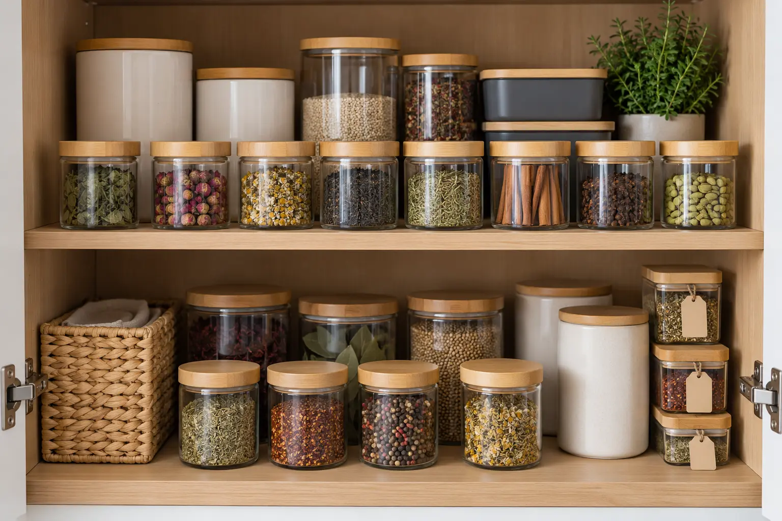 Bamboo seasoning containers stored in a cool dry pantry away from heat and steam