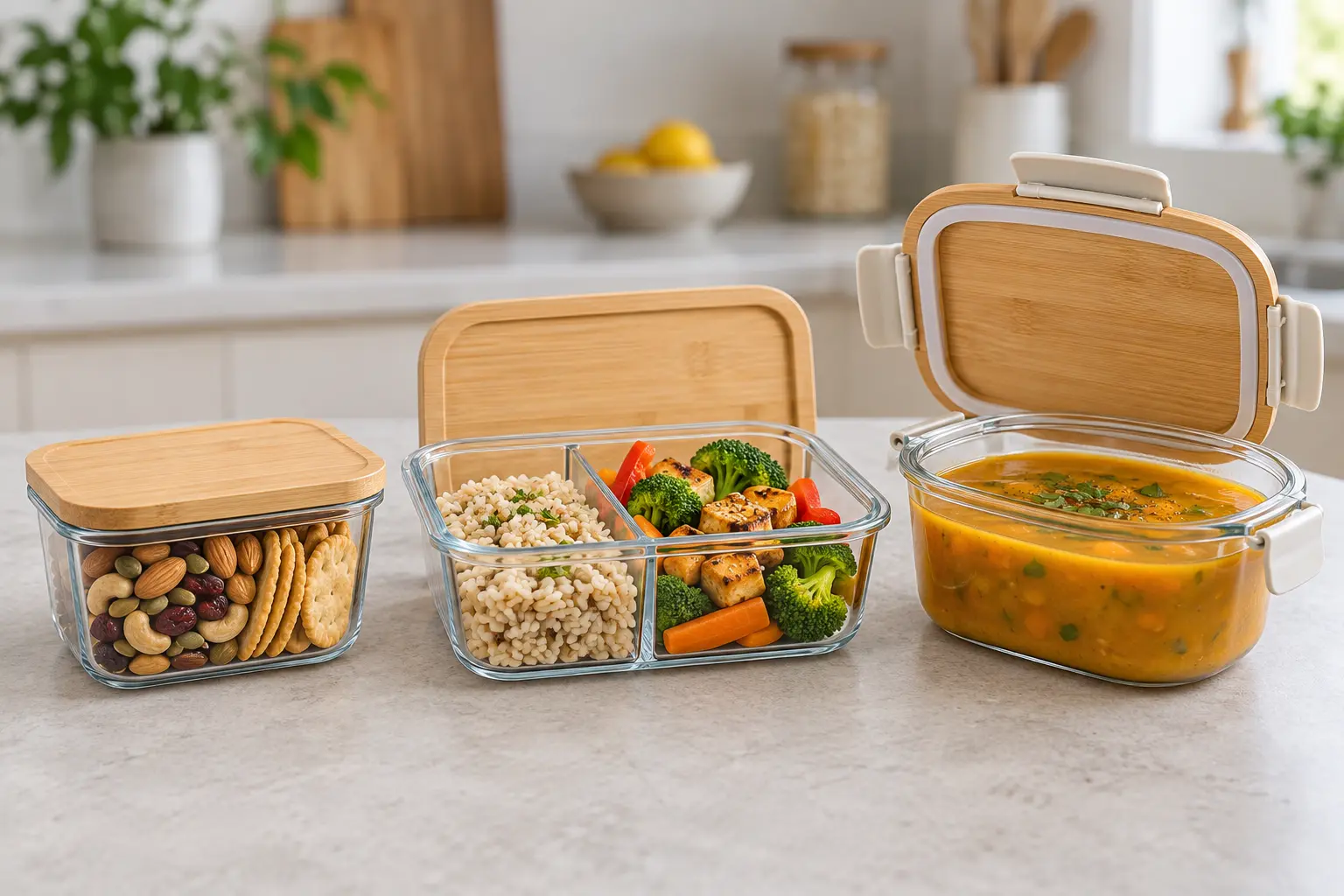 Bamboo food containers for snacks, lunch and wet-food transport use cases