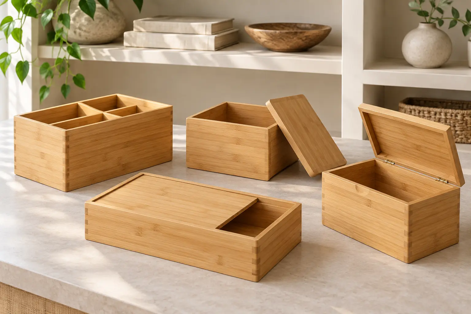 Bamboo storage boxes with open, removable, sliding and hinged lids