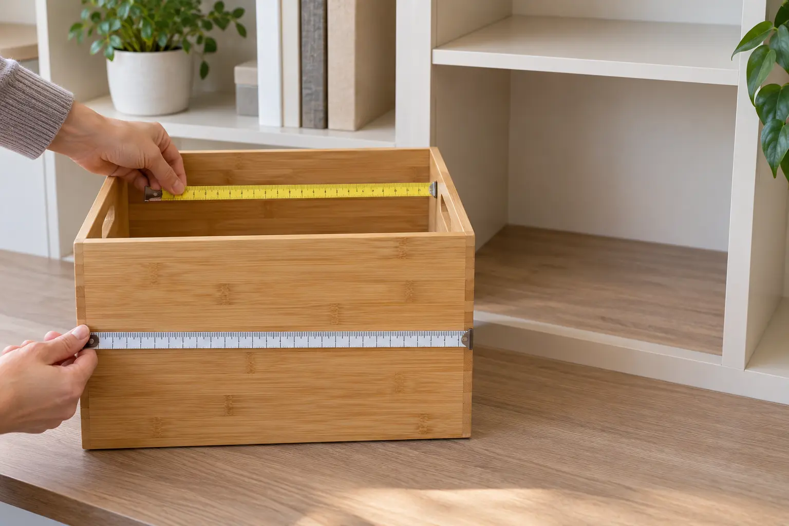 Measuring external and internal dimensions of a bamboo storage box