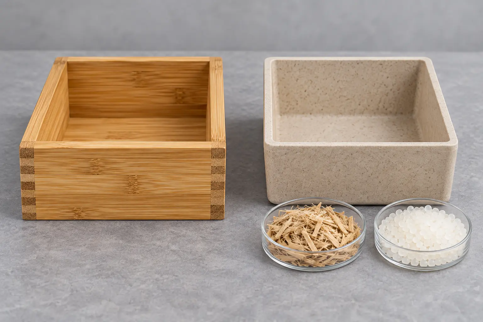 Visible-grain solid bamboo compared with smooth bamboo-fibre composite material