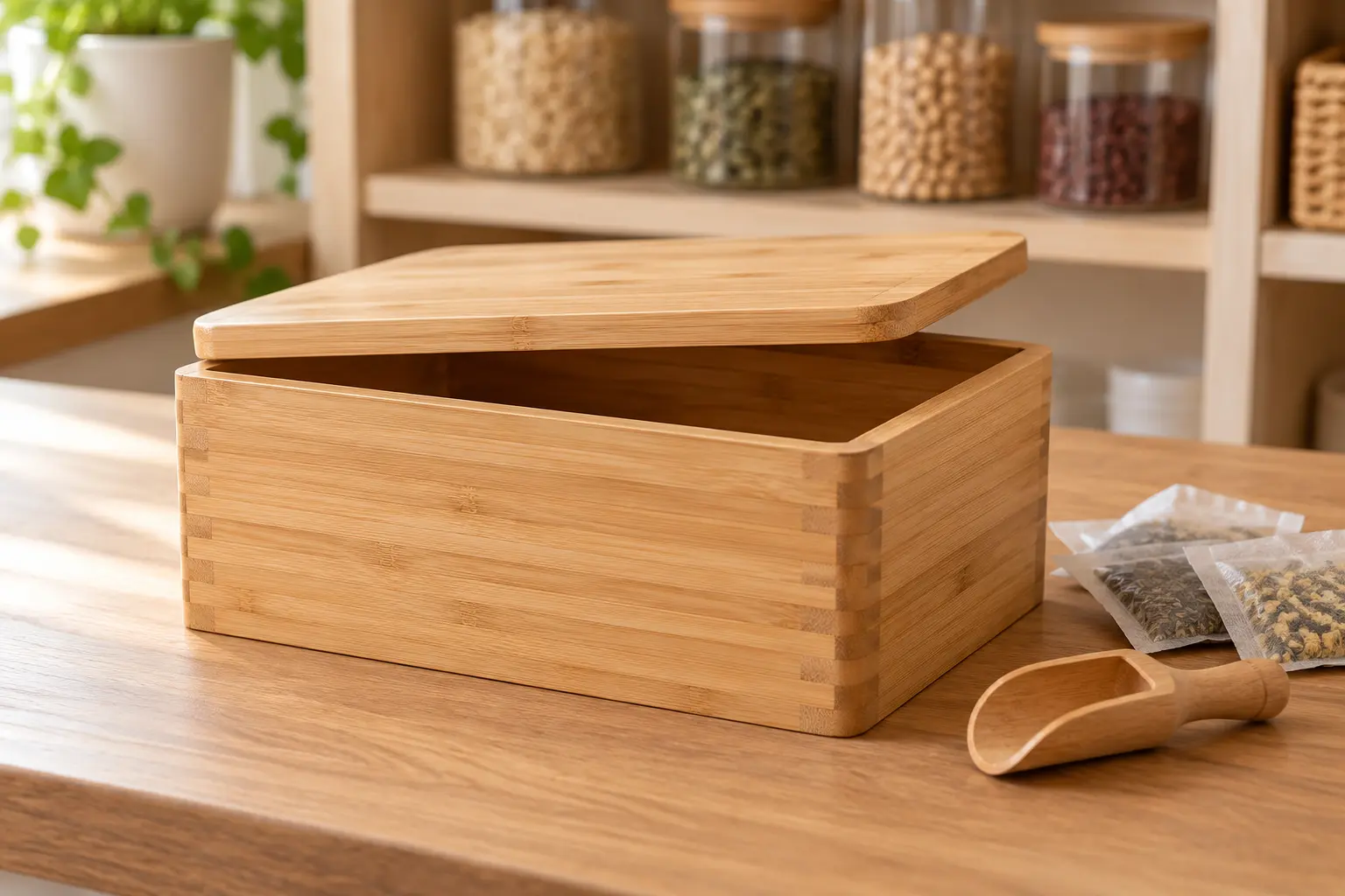 Laminated bamboo food storage box with visible grain and fitted lid