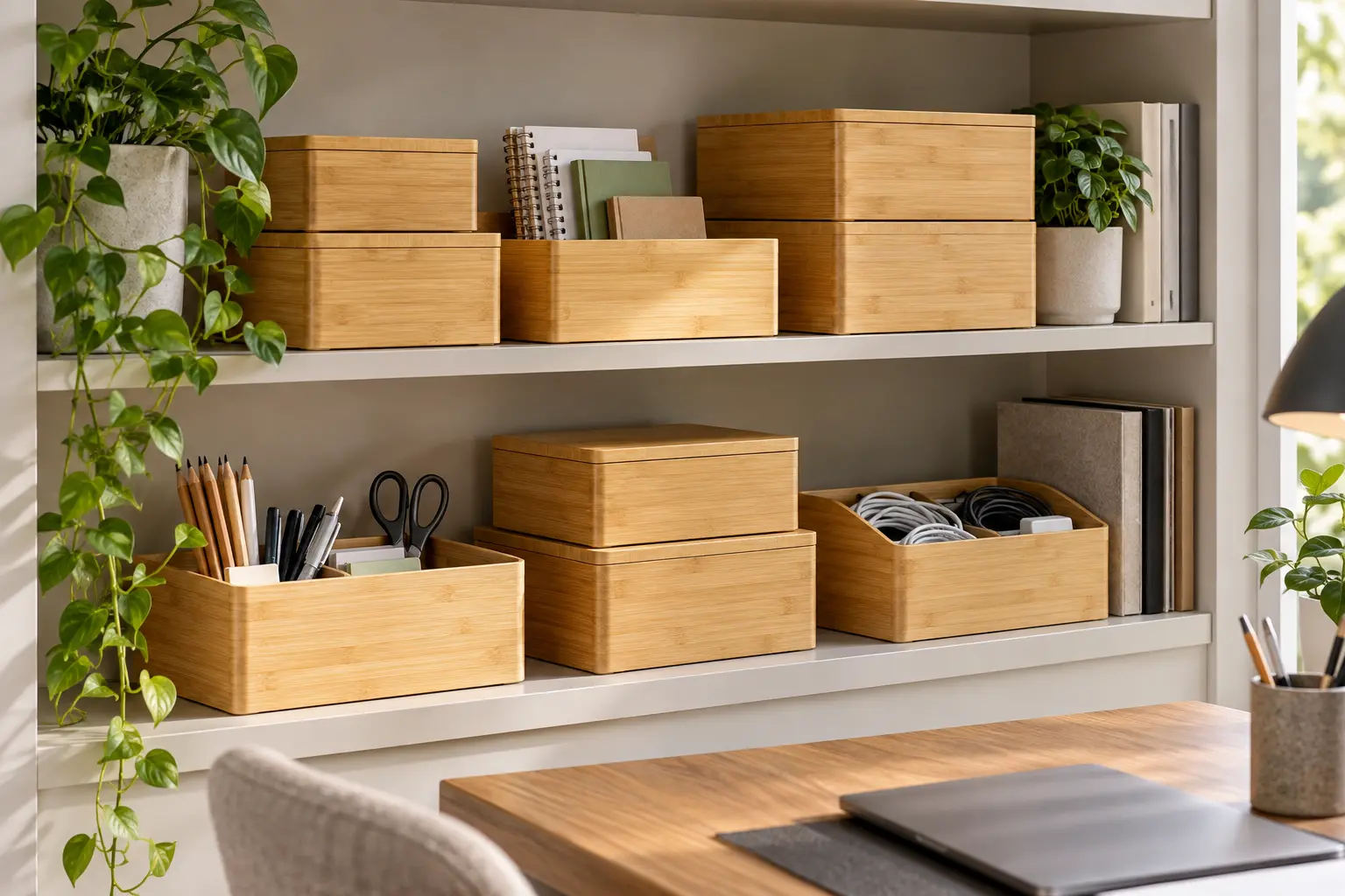 Stackable bamboo organizer boxes arranged on a home office shelf